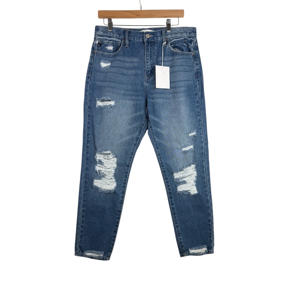 New KanCan Mom Jeans 11 / 29 Women's High Rise Distressed Crop Medium Wash